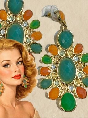 VINTAGE statement dangle large earrings costume estate jewelry turquoise stone